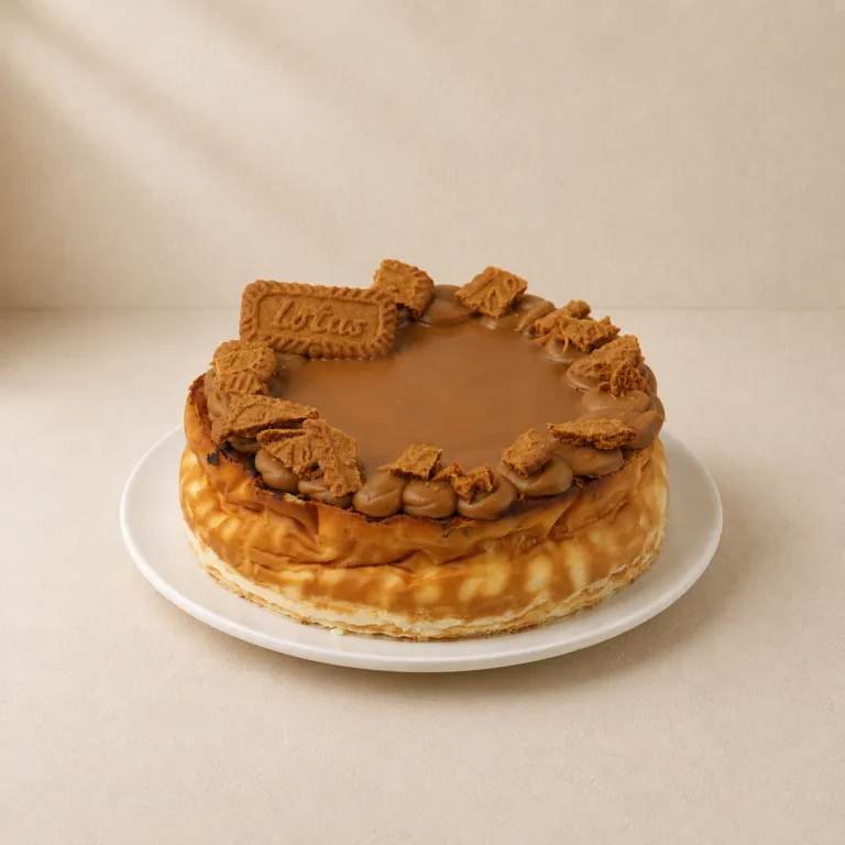 Flavoured baked cheesecake finished with caramel, cream rosettes and Biscoff biscuits.