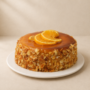 Flourless orange cake with an orange glaze, flaked almond coating and candied orange slices.