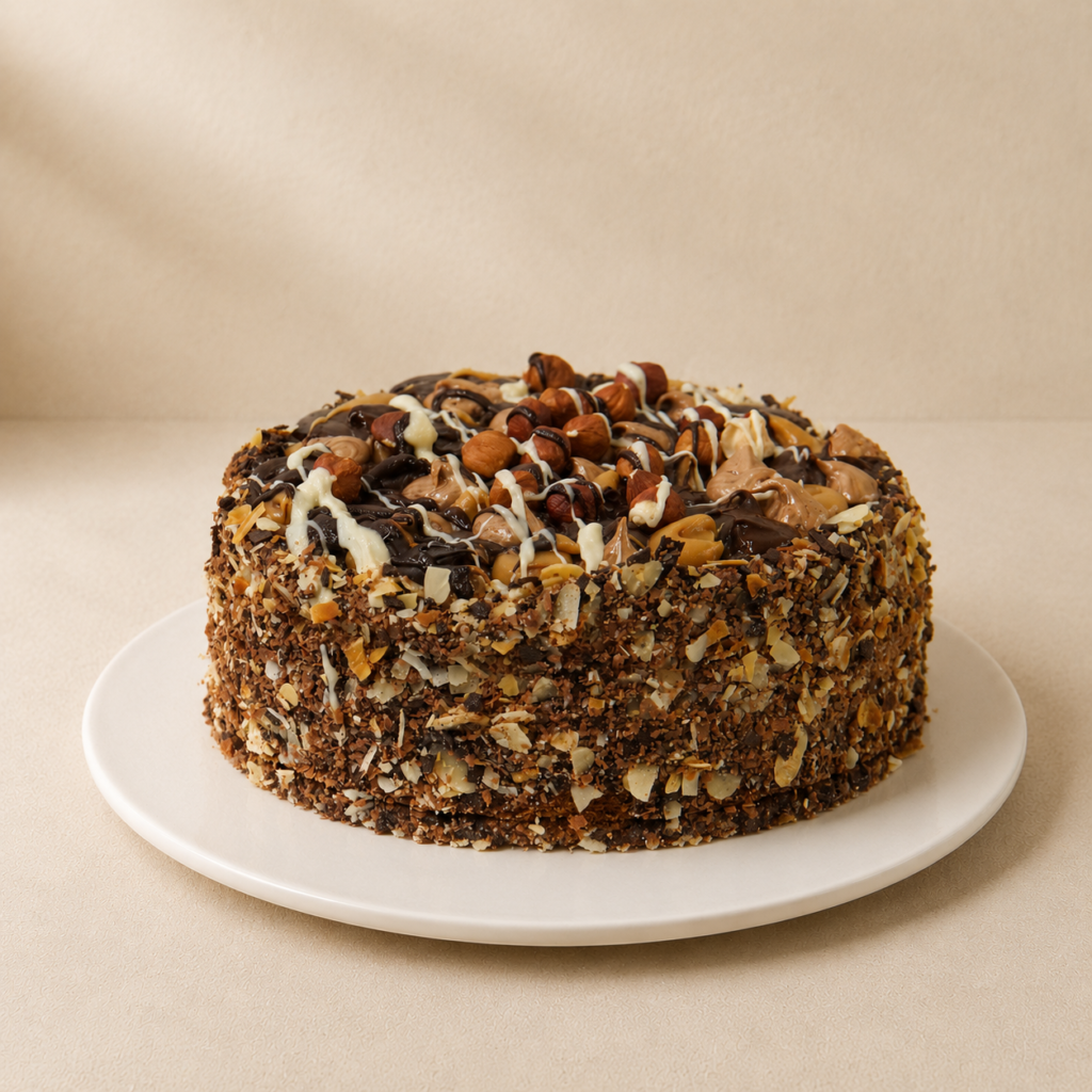 Hazelnut torte coated in chopped hazelnuts and topped with chocolate ganache and whole hazelnuts.