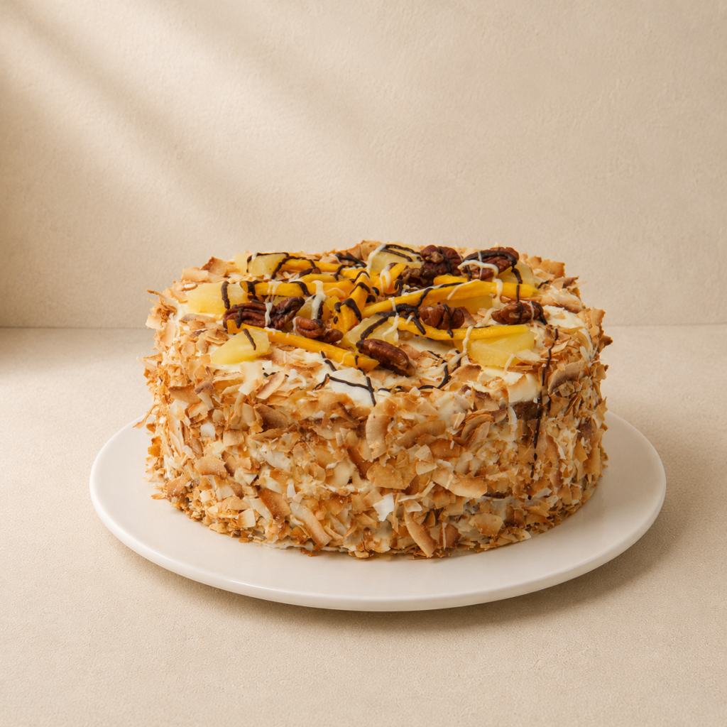 Hummingbird cake coated in toasted coconut and topped with cream, pineapple and pecans.