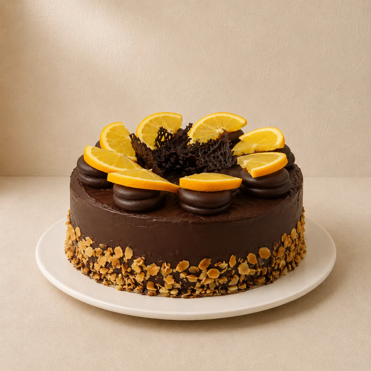 Jaffa cake with dark chocolate ganache, topped with fanned orange slices and a chocolate tuile.