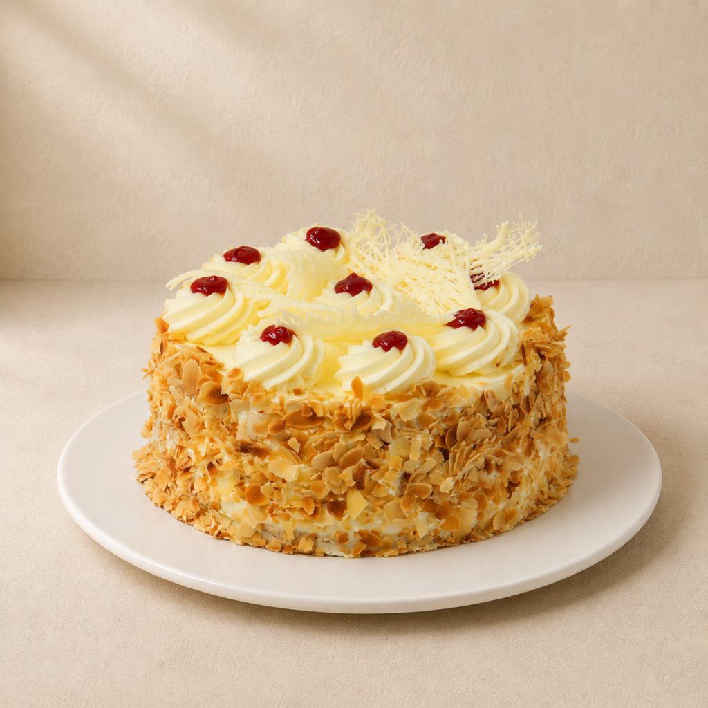 Jam sponge cake with flaked almond sides and cream rosettes finished with dots of red jam.