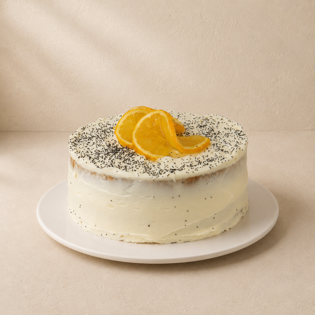 Orange and poppyseed tea cake with cream cheese frosting, poppyseeds and candied orange slices.