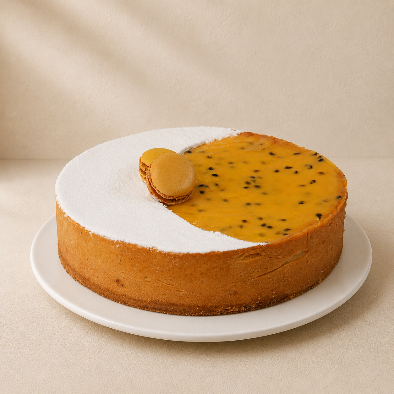 Passionfruit tart finished with passionfruit pulp, a dusting of icing sugar and a macaron.