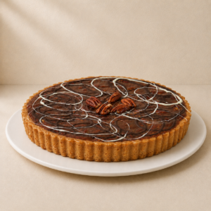 Pecan tart in a pastry shell with a pecan filling, white chocolate drizzle and whole pecans.