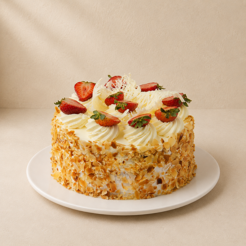 Strawberry sponge cake with flaked almond sides, cream rosettes and fresh strawberries.