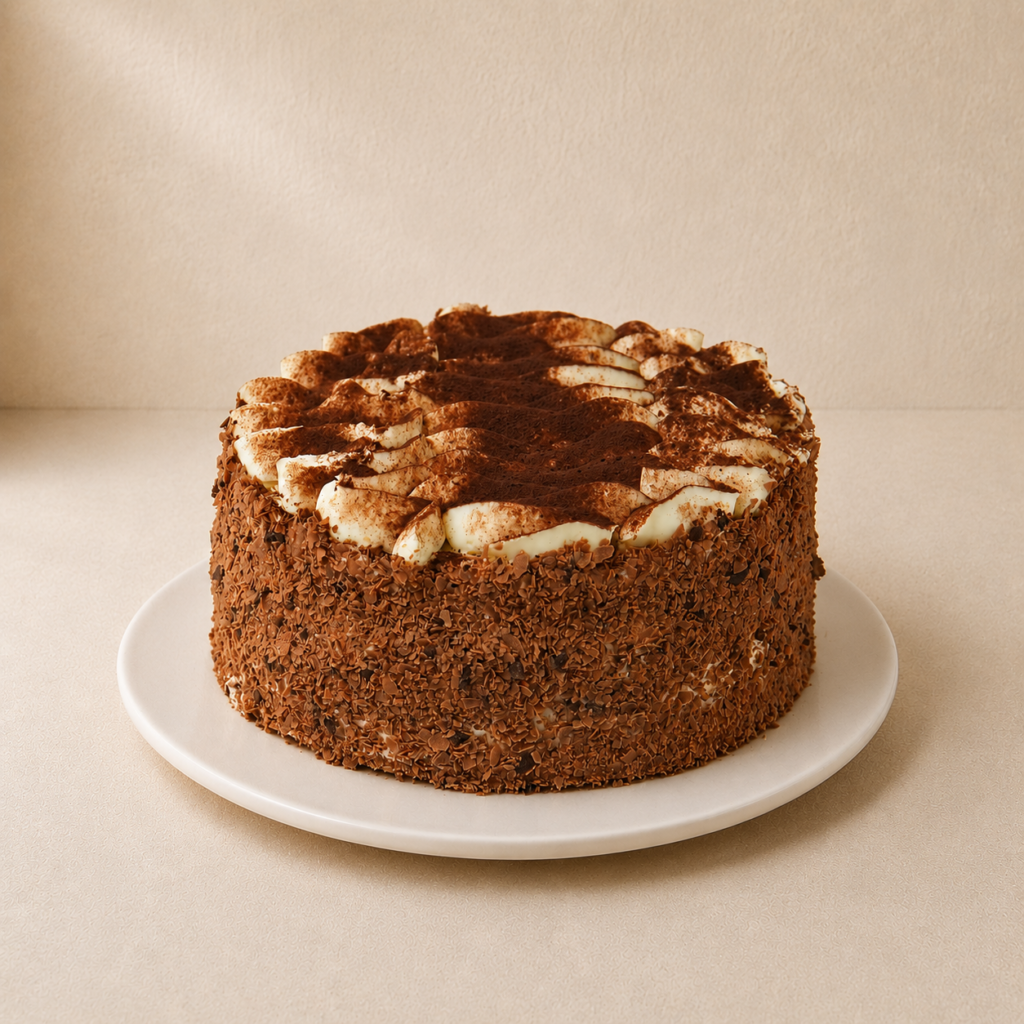 Tiramisu cake dusted with cocoa and topped with cream, chocolate-crumb sides, on a white plate.