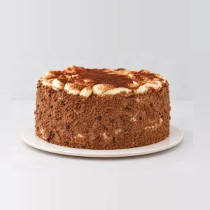 Side view of the tiramisu cake showing chocolate-crumb sides, cream and a cocoa-dusted top.