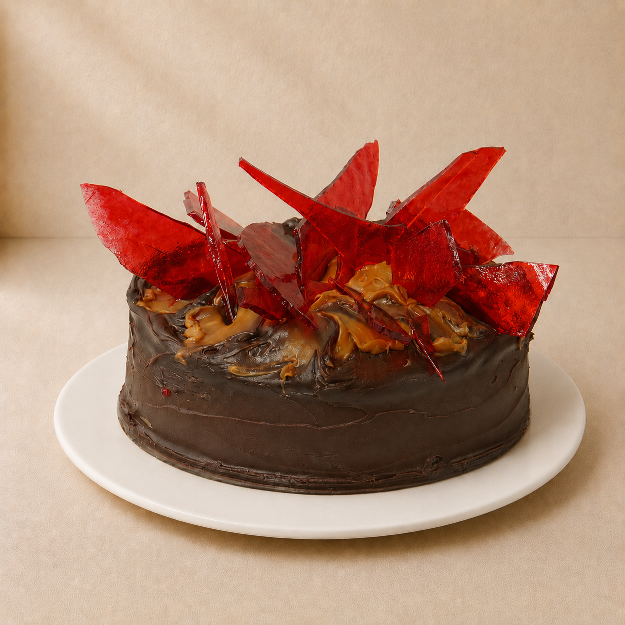 Toffee Mars Cake with dark chocolate ganache, caramel and dramatic red toffee shards on top.