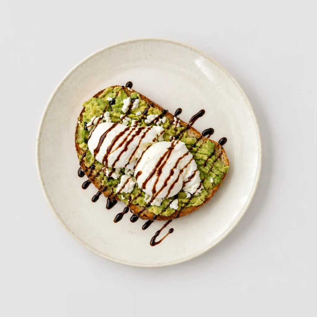 Avocado feta toast, poached eggs, dark drizzle — Top-down