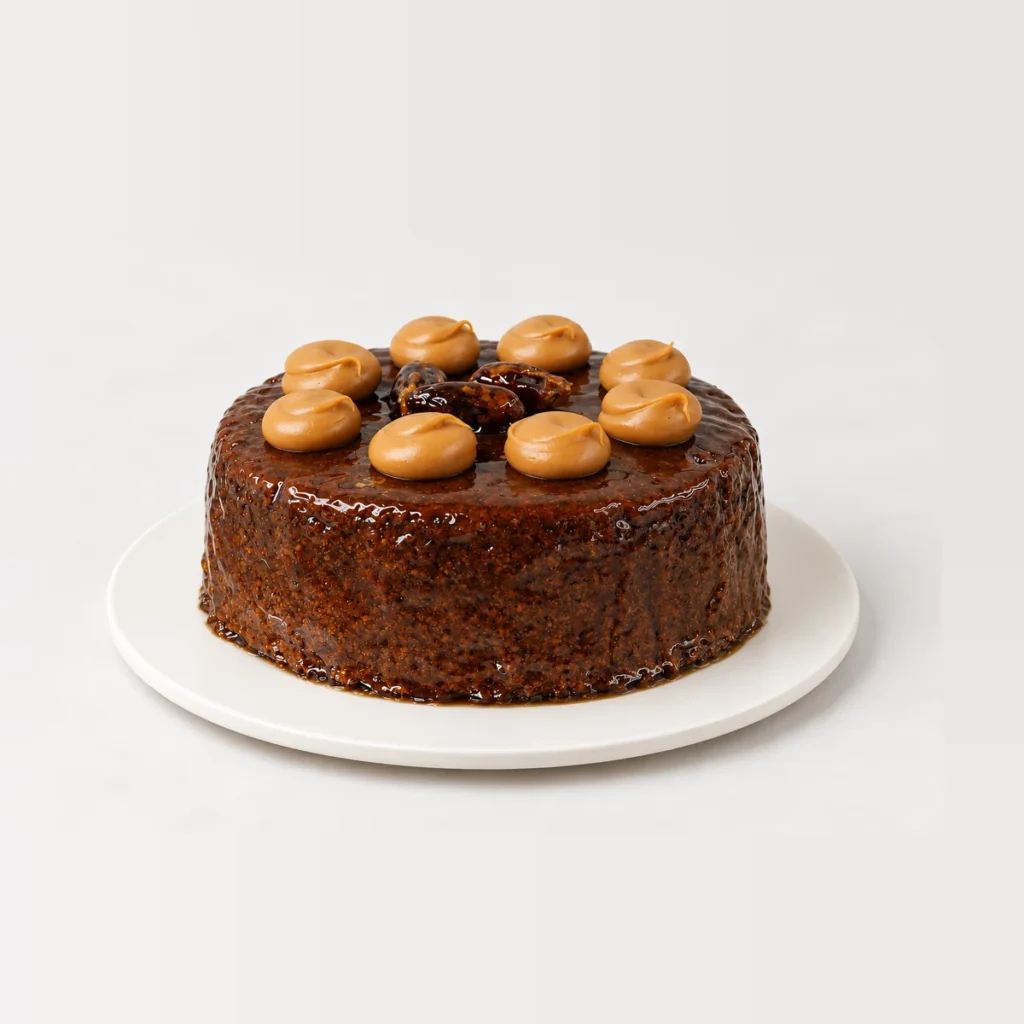 Sticky date pudding with a dark glossy glaze, topped with a ring of caramel-coloured dollops and candied pecans.
